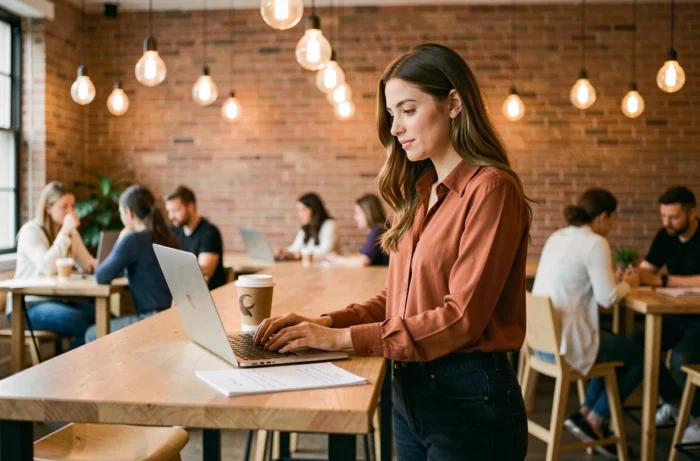Jeune femme travaillant sur son dossier de financement de formation professionnelle dans un espace de coworking