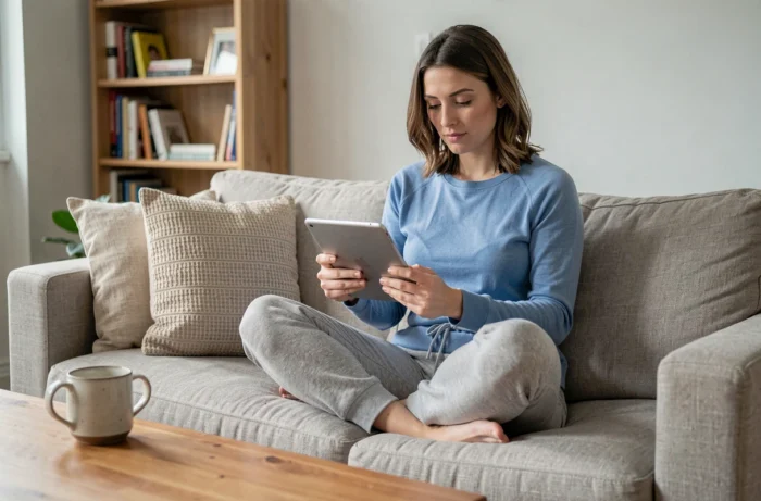 Jeune maman parcourant un site de conseils parentaux sur une tablette dans son salon confortable