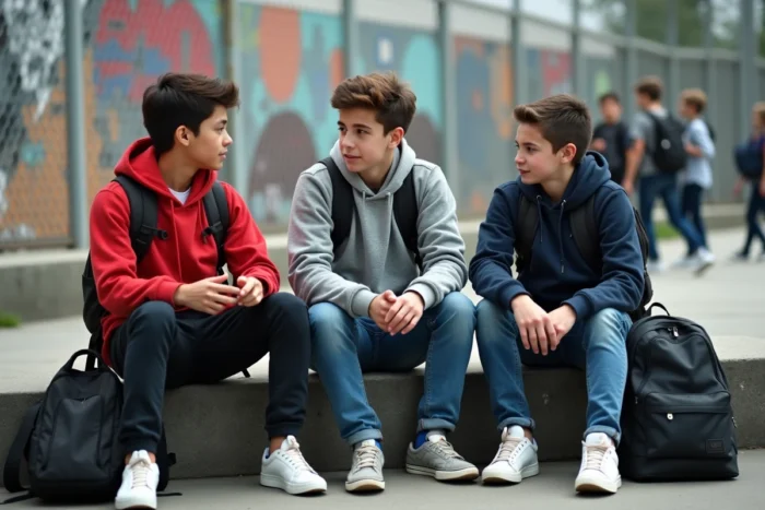 Groupe de jeunes adolescents en discussion dans une cour d'école urbaine, représentant l'entraide et la communication entre pairs