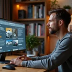 Journaliste automobile parcourant une carte de site web sur un grand écran dans un bureau moderne