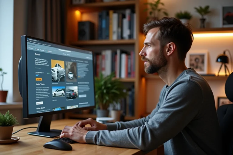 Journaliste automobile parcourant une carte de site web sur un grand écran dans un bureau moderne