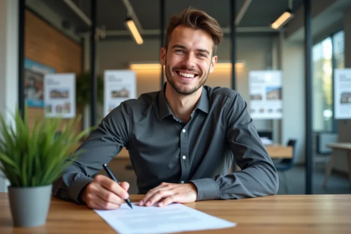 Jeune locataire signant un contrat de location dans une agence immobilière moderne pour finaliser sa location appartement