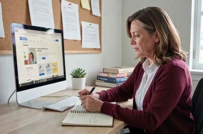 Maman organisée prenant des notes sur les rubriques du site Je Suis Maman depuis son bureau à domicile