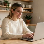 Maman trentenaire consultant le site Je Suis Maman sur son ordinateur portable dans une cuisine chaleureuse