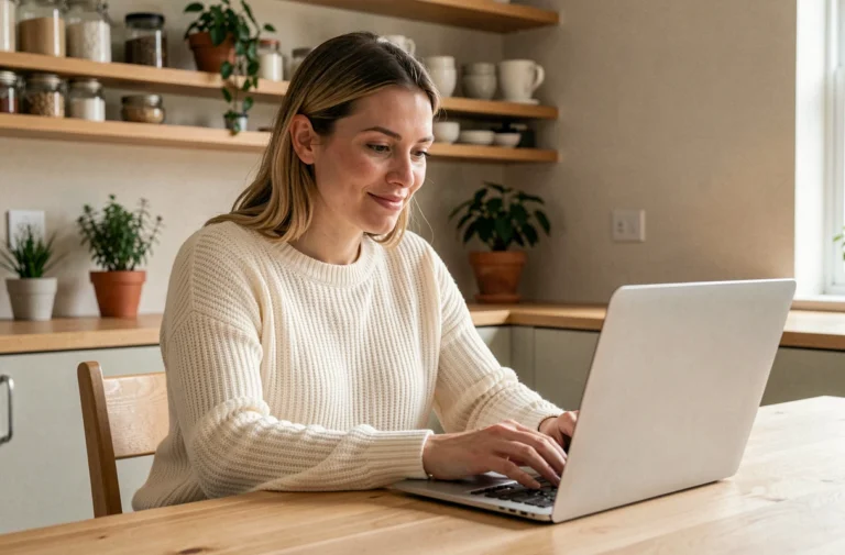 Maman trentenaire consultant le site Je Suis Maman sur son ordinateur portable dans une cuisine chaleureuse