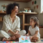 Maman aux cheveux bouclés riant avec sa fille sur le sol de la cuisine entourées de matériaux créatifs, illustrant une maternité authentique et bienveillante