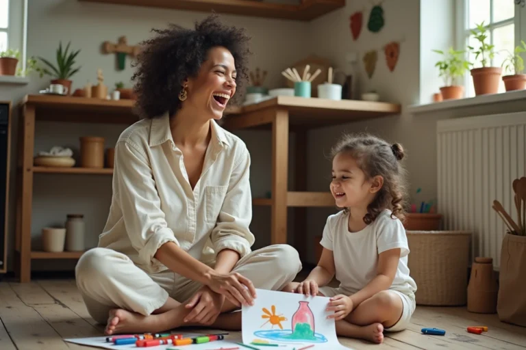 Maman aux cheveux bouclés riant avec sa fille sur le sol de la cuisine entourées de matériaux créatifs, illustrant une maternité authentique et bienveillante