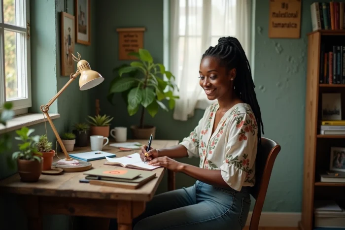Maman épanouie écrivant dans son journal intime dans un bureau personnel décoré avec soin, symbolisant l'introspection et l'acceptation de sa singularité