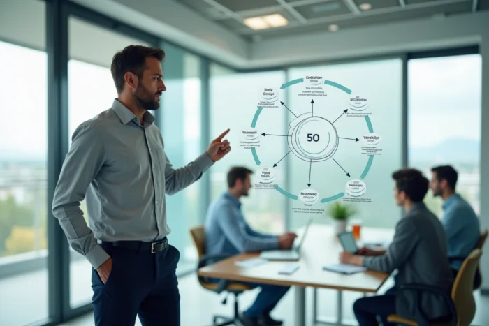 Cadre présentant un cadre de management de la qualité sur tableau blanc dans un bureau moderne