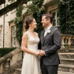 Couple élégant en tenue de mariage devant un manoir européen classique, mariage discret et raffiné