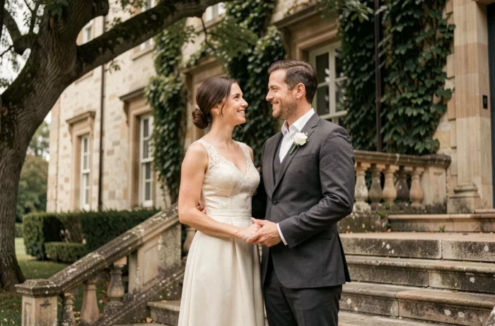 Couple élégant en tenue de mariage devant un manoir européen classique, mariage discret et raffiné