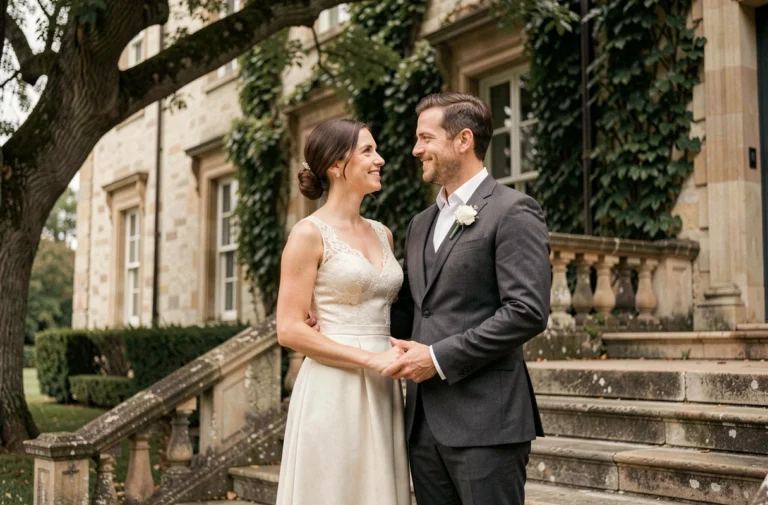 Couple élégant en tenue de mariage devant un manoir européen classique, mariage discret et raffiné