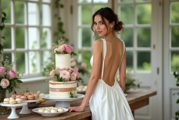 Mariée en robe de satin devant une table de desserts décorée d'un gâteau naked cake et de macarons dans un orangerie végétalisée