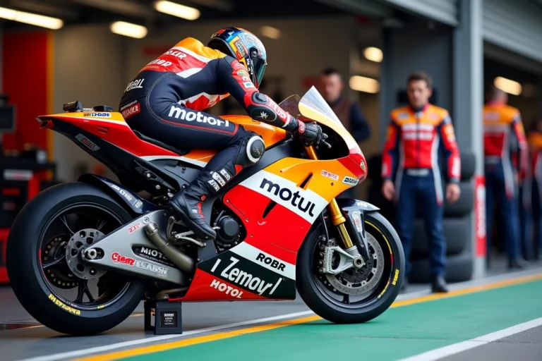 Mécaniciens MotoGP préparant une moto de course dans le garage des stands avant le grand prix