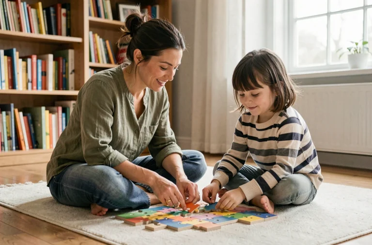 Mère et enfant jouant ensemble à un puzzle en bois sur le sol du salon, ambiance chaleureuse et bienveillante