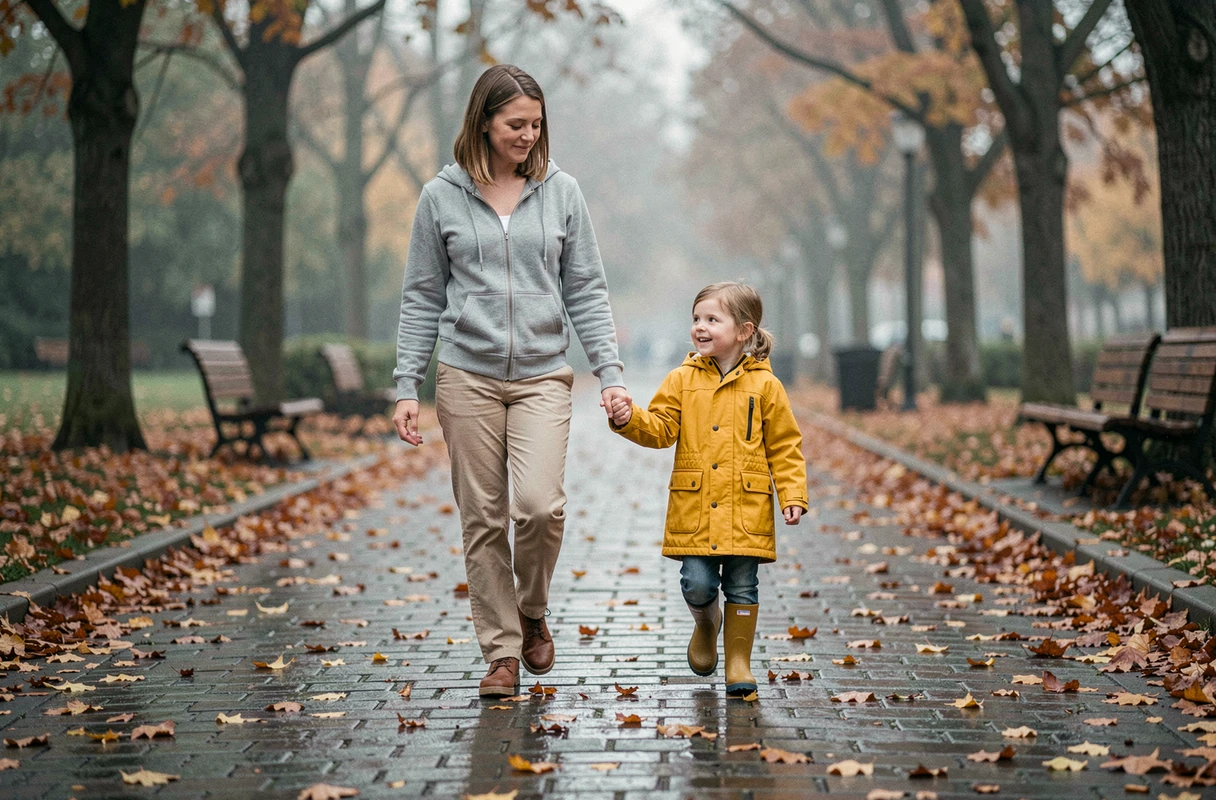 Mère et petite fille se promenant main dans la main sur un chemin pavé en automne, accompagnement parental bienveillant