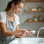 Femme nettoyant une pierre ponce avec une brosse sous l'eau courante dans une salle de bain moderne