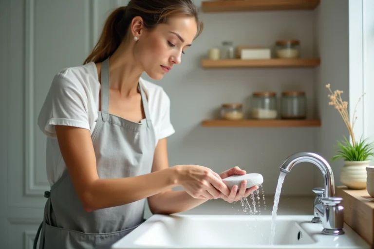 Femme nettoyant une pierre ponce avec une brosse sous l'eau courante dans une salle de bain moderne