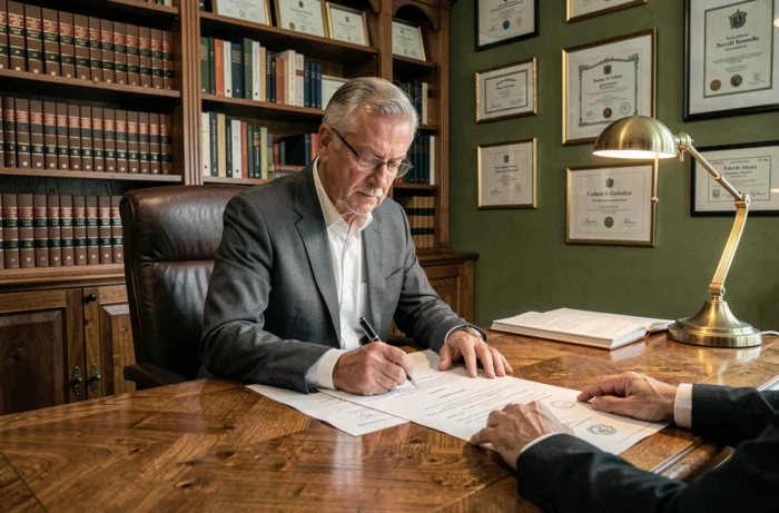 Notaire belge en costume gris signant un acte de vente immobilier dans un bureau traditionnel avec bibliothèque juridique