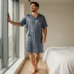 Homme portant une nuisette masculine en soie bleue ardoise dans une chambre moderne minimaliste avec parquet en chêne clair