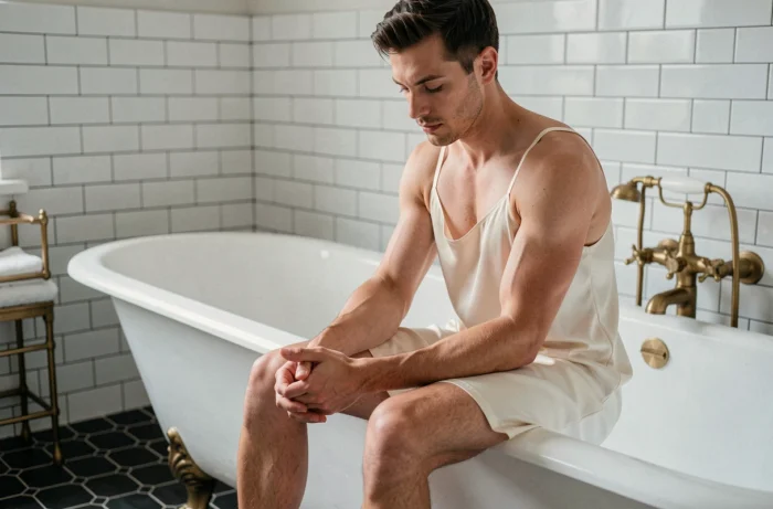 Homme assis sur le bord d'une baignoire ancienne portant une nuisette masculine en satin ivoire dans une salle de bain vintage aux carreaux blancs