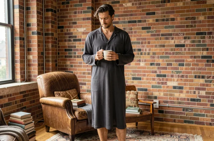 Homme en nuisette masculine longue en modal gris anthracite tenant une tasse dans un salon loft chaleureux avec mur en briques apparentes