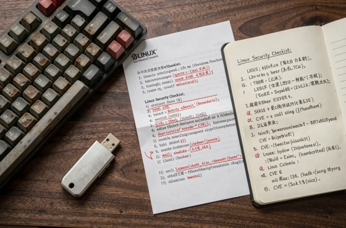 Vue aérienne des outils de sécurité Linux incluant clé USB, checklist annotée et commandes shell manuscrites