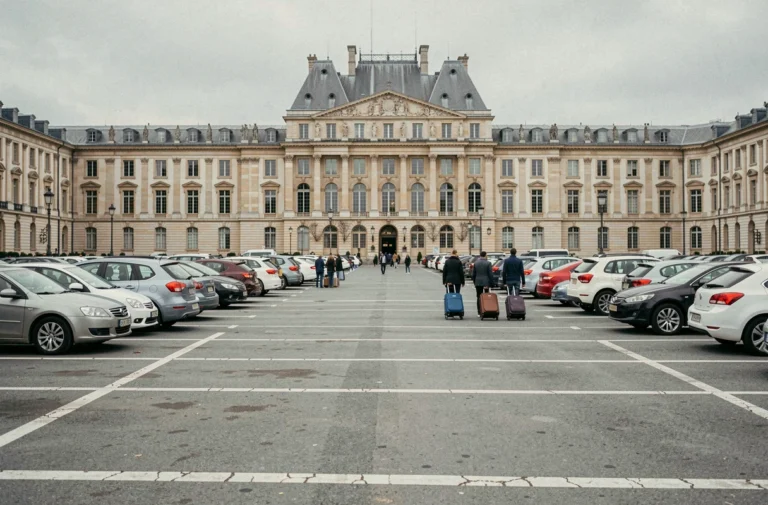 Zone de stationnement gratuit devant le château de Versailles avec des voitures garées et des touristes marchant vers l'entrée