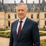 Portrait d'un homme politique français âgé devant un château de la Loire, évoquant le patrimoine et la fortune d'une personnalité publique