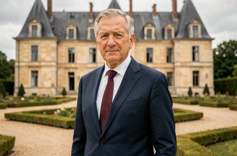 Portrait d'un homme politique français âgé devant un château de la Loire, évoquant le patrimoine et la fortune d'une personnalité publique