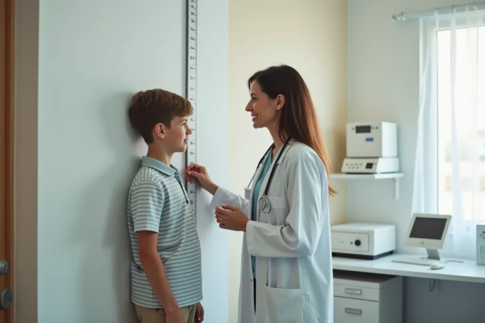 Pédiatre mesurant la taille d'un enfant de 11 ans avec un toise dans un cabinet médical moderne