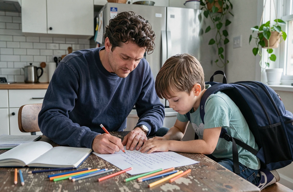 Père aidant son fils à faire ses devoirs à la table de cuisine, conseils parentaux au quotidien