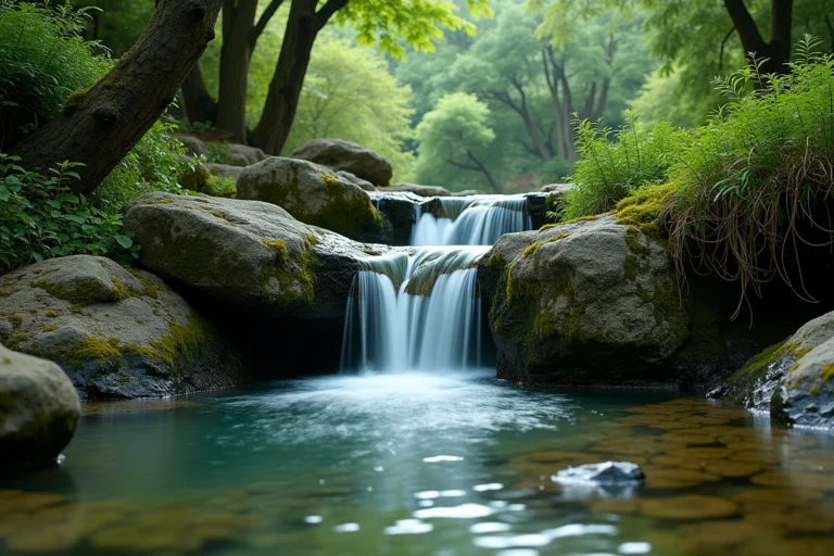Petite cascade naturelle du Lez coulant sur des rochers calcaires couverts de mousse, entourée de végétation méditerranéenne luxuriante