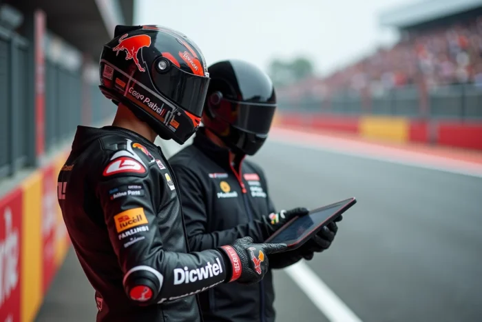 Pilote MotoGP en combinaison de course analysant des données télémétriques avec un ingénieur avant le départ