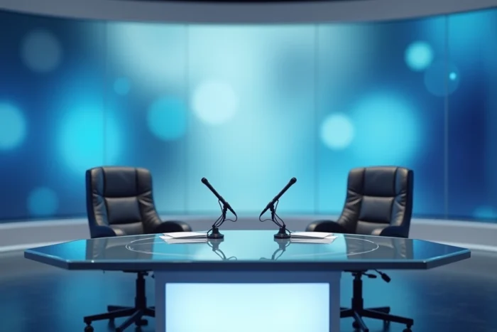 Plateau de tournage d'un journal télévisé avec deux fauteuils vides face à face, évoquant l'univers médiatique d'un présentateur célèbre