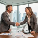 Deux professionnels en costume signant un accord de partenariat entreprise dans une salle de réunion moderne avec vue sur la ville