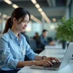 Jeune professionnelle consultant le portail RH Alis BNP Paribas sur un ordinateur portable dans un bureau moderne