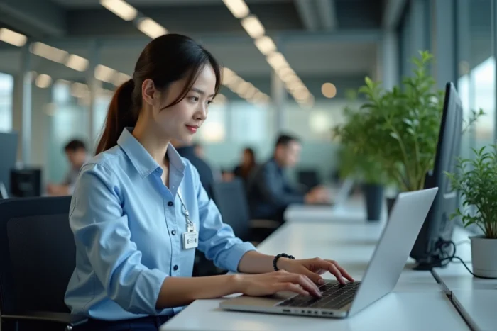 Jeune professionnelle consultant le portail RH Alis BNP Paribas sur un ordinateur portable dans un bureau moderne