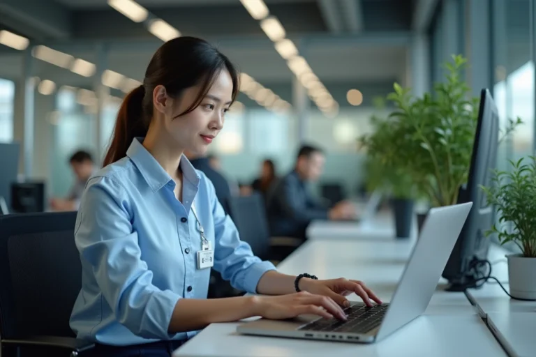 Jeune professionnelle consultant le portail RH Alis BNP Paribas sur un ordinateur portable dans un bureau moderne