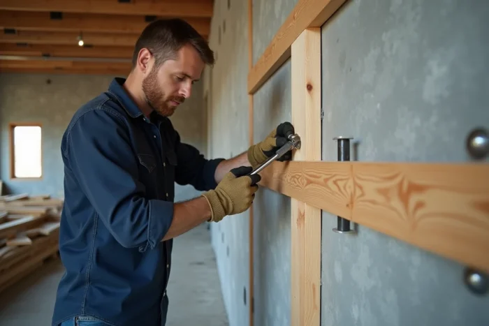 Pose d'un chevron en bois fixé sur parpaing avec des équerres métalliques et boulons dans un chantier de construction
