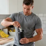 Homme sportif préparant une shaker de poudre de protéine dans une cuisine moderne pour optimiser sa prise de masse