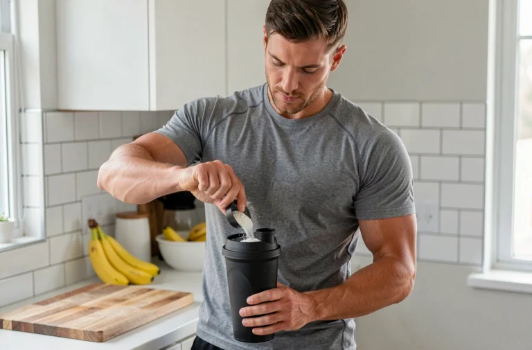 Homme sportif préparant une shaker de poudre de protéine dans une cuisine moderne pour optimiser sa prise de masse