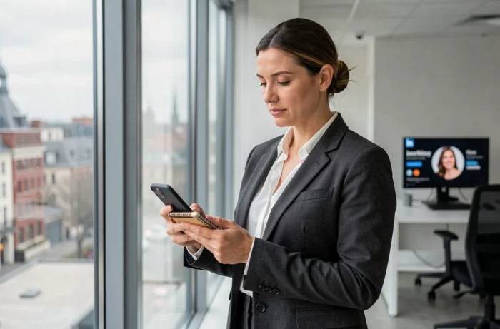 Femme professionnelle belge préparant une discovery meeting dans un couloir de bureau moderne à Bruxelles, smartphone et carnet en main