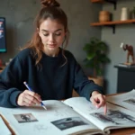 Jeune femme préparant son dossier d'admission pour une formation en animation 3D dans un studio créatif moderne