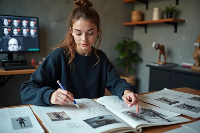 Jeune femme préparant son dossier d'admission pour une formation en animation 3D dans un studio créatif moderne