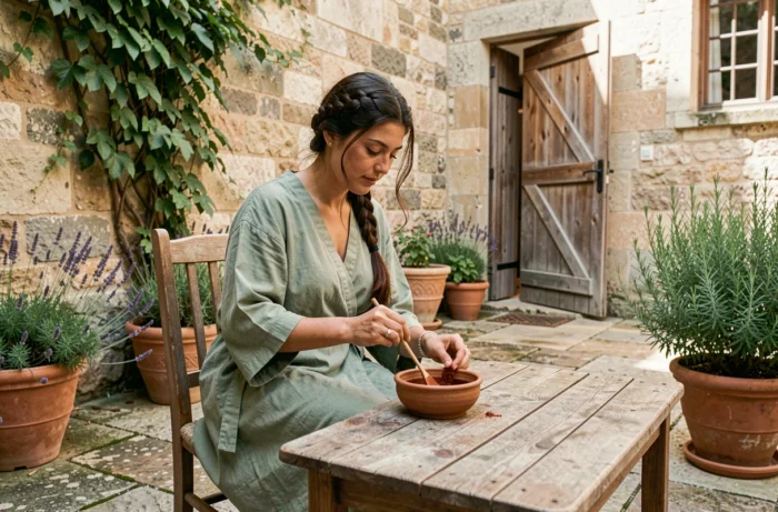 Femme préparant de la pâte de henné naturelle dans une cour en pierre d'une maison toulousaine entourée de plantes aromatiques comme la lavande et le romarin