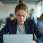 Femme assise à un bureau face à un ordinateur portable affichant une erreur de connexion à la messagerie académique