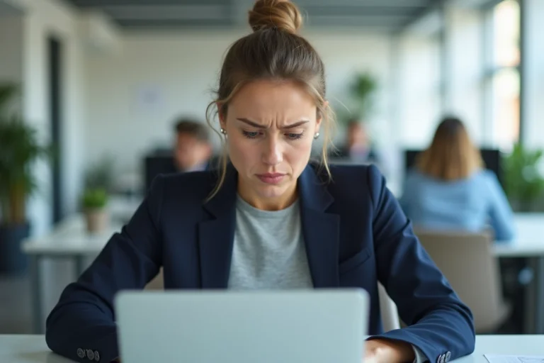 Femme assise à un bureau face à un ordinateur portable affichant une erreur de connexion à la messagerie académique