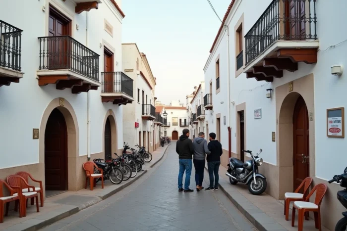 Rue résidentielle calme du quartier de la Kasbah à Essaouira avec panneau de location entre particuliers