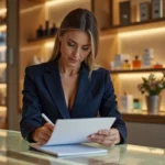 Intérieur d'une boutique Marionnaud avec une responsable de magasin examinant des documents au comptoir